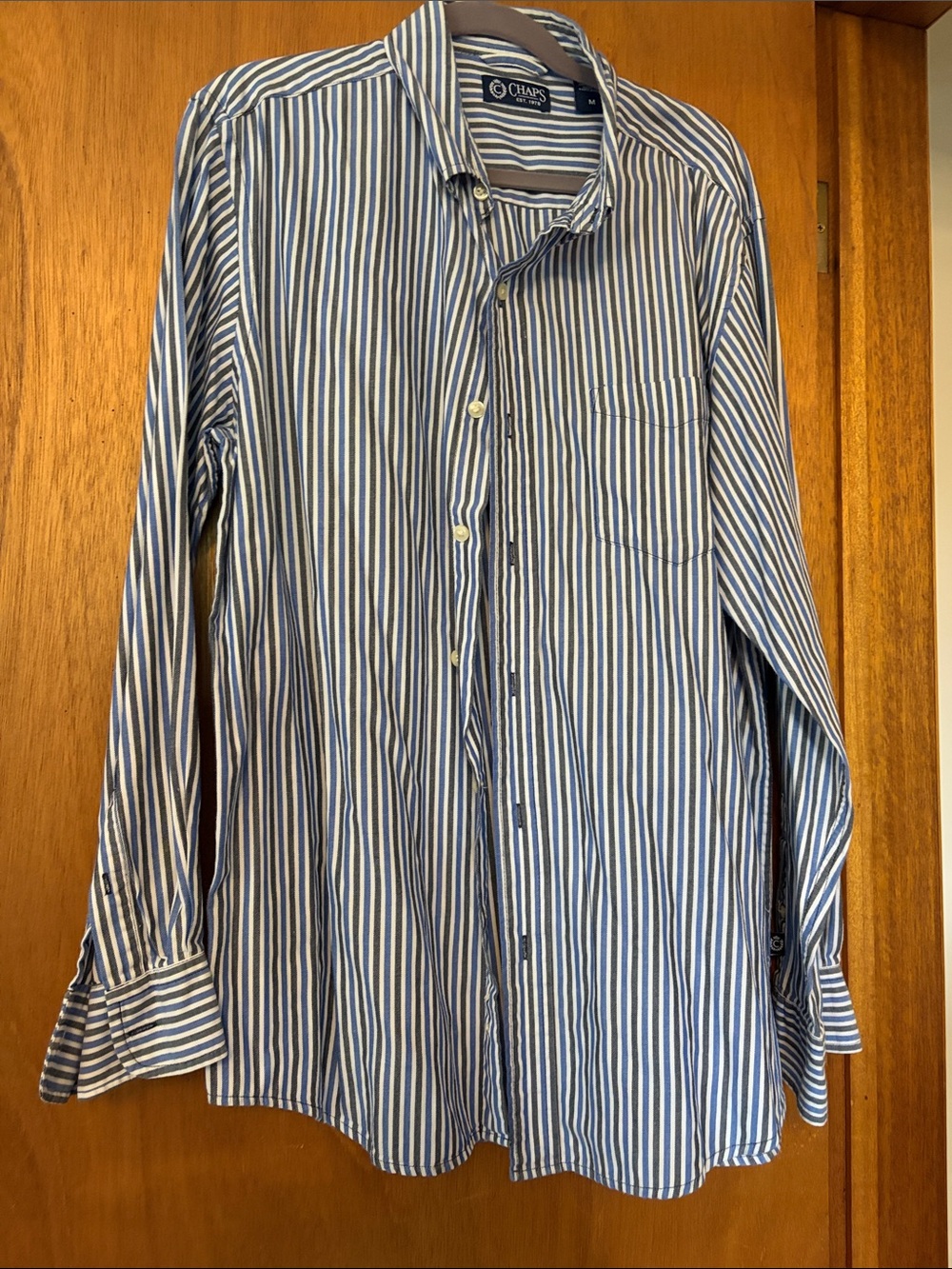 Chaps Men's blue, grey and White Vertical Stripe Dress Shirt